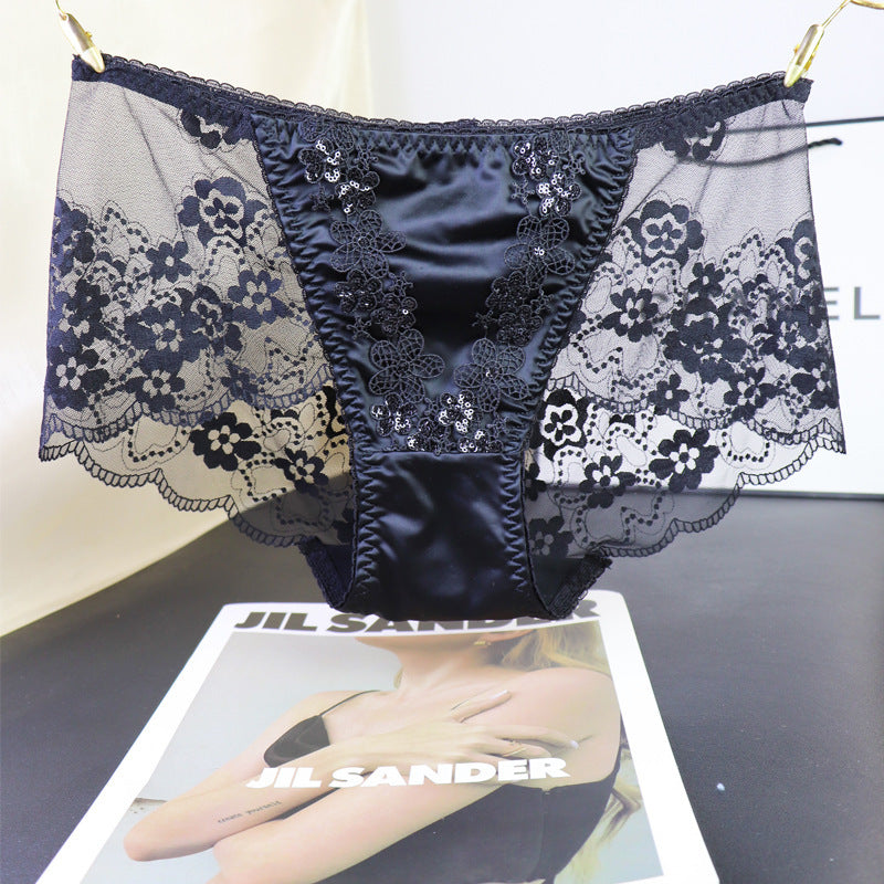 Floral Sequin Embroidery Mesh Lace Satin Splicing Mid-Rise Briefs