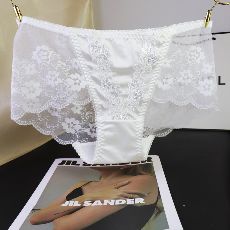 Floral Sequin Embroidery Mesh Lace Satin Splicing Mid-Rise Briefs