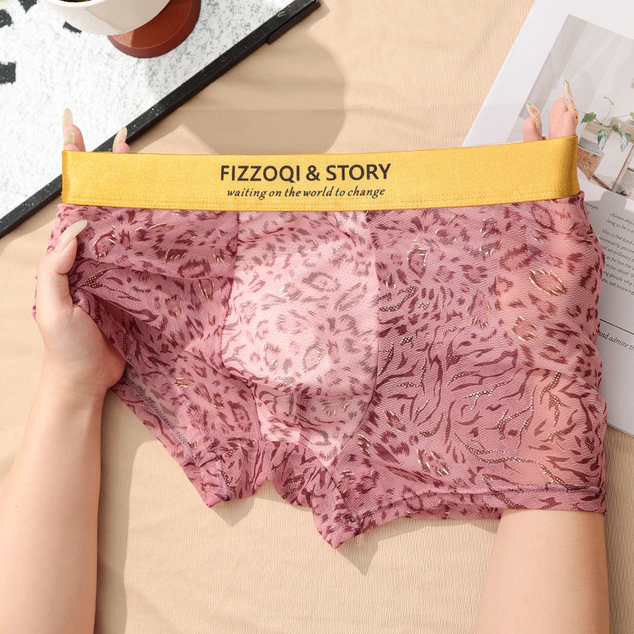 Gold-painted leopard print transparent breathable boxer briefs