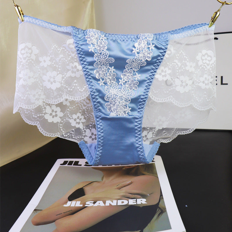 Floral Sequin Embroidery Mesh Lace Satin Splicing Mid-Rise Briefs