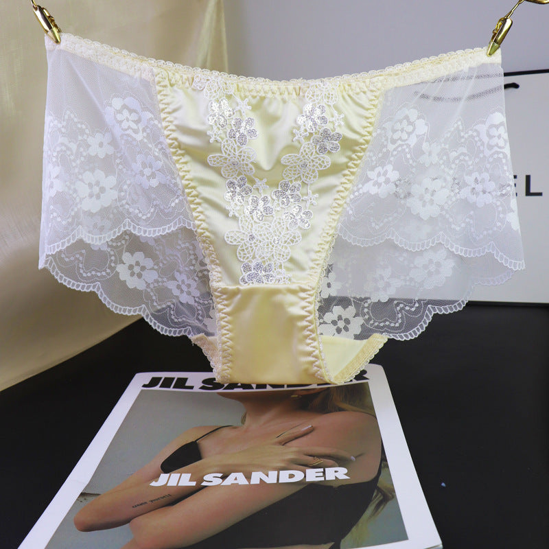 Floral Sequin Embroidery Mesh Lace Satin Splicing Mid-Rise Briefs