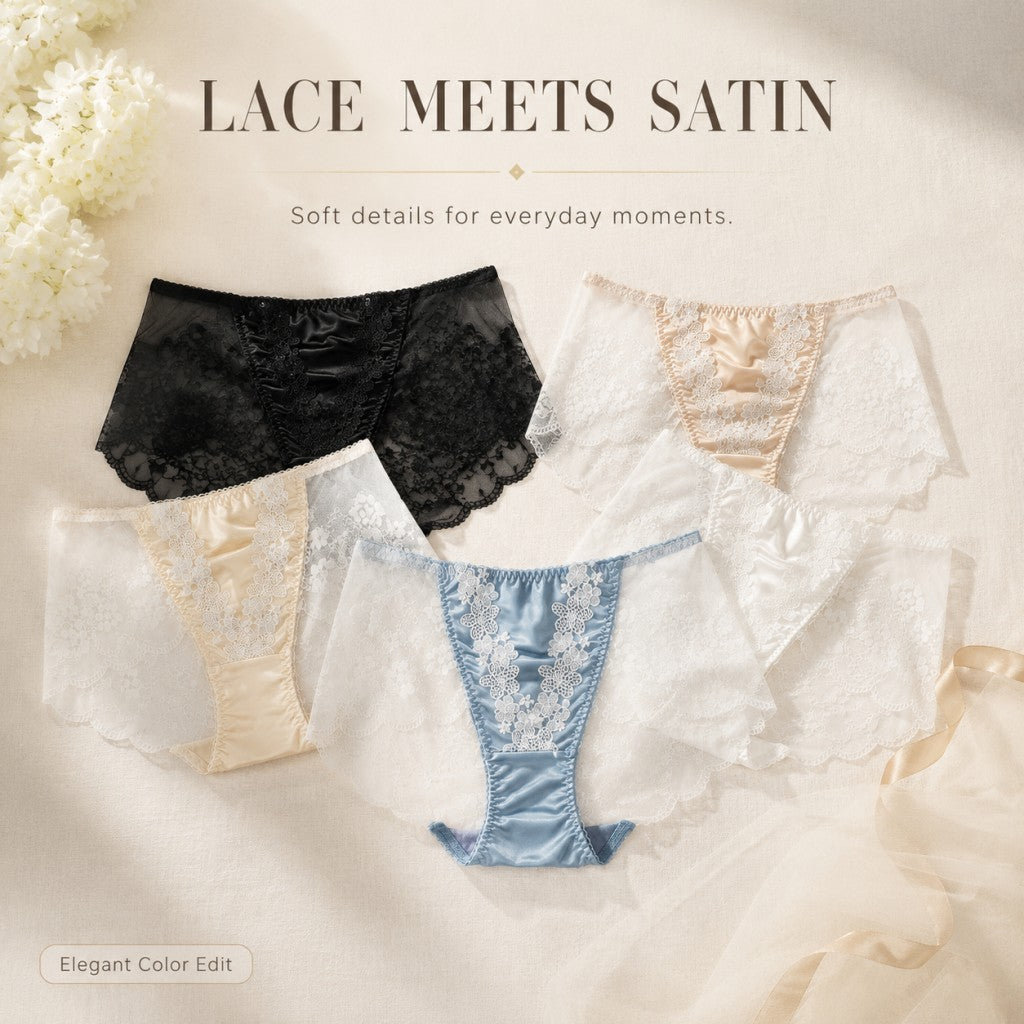 Floral Sequin Embroidery Mesh Lace Satin Splicing Mid-Rise Briefs