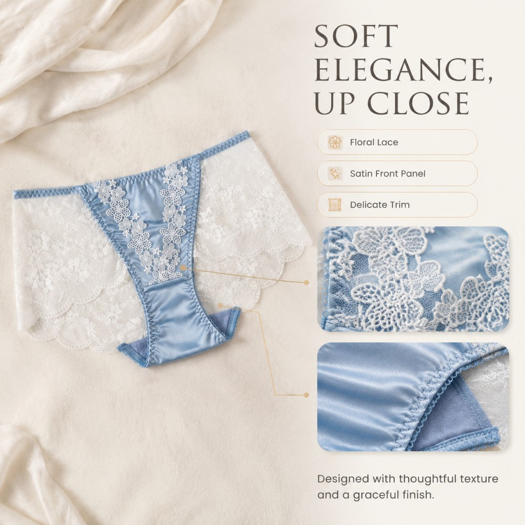 Floral Sequin Embroidery Mesh Lace Satin Splicing Mid-Rise Briefs