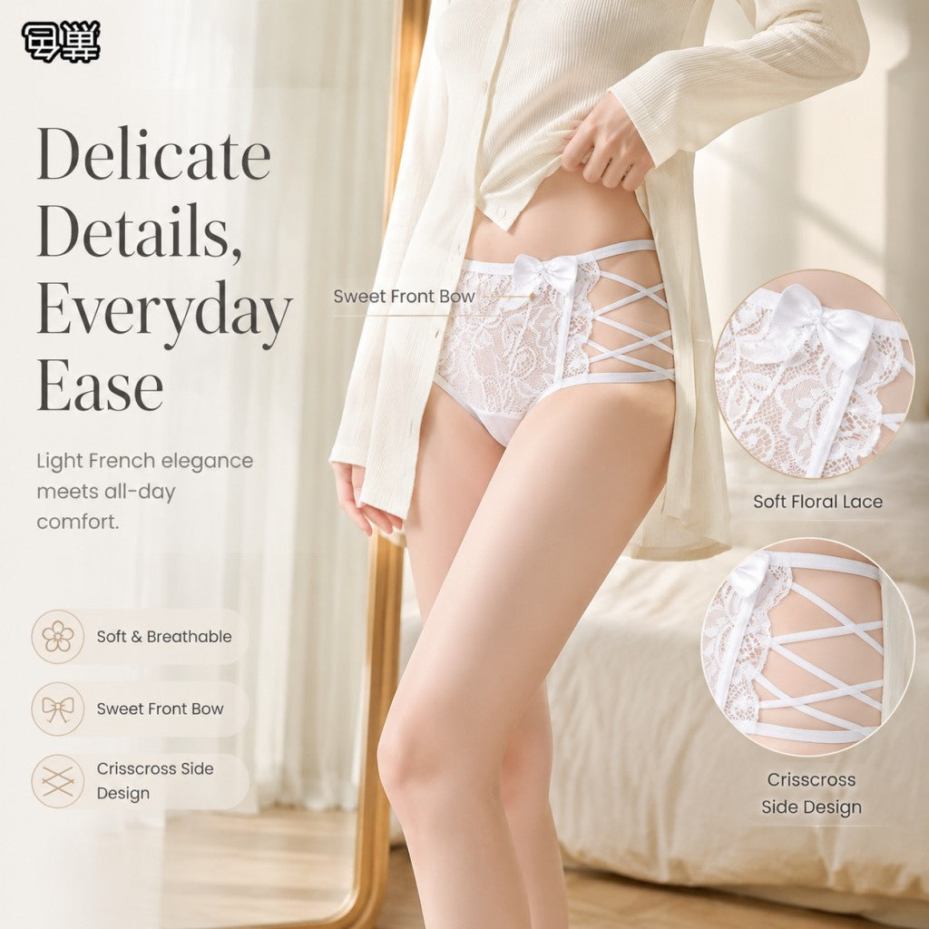 Crisscross Hollow Strap Bow Sheer Floral Lace Mid-Rise Briefs