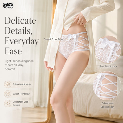 Crisscross Hollow Strap Bow Sheer Floral Lace Mid-Rise Briefs
