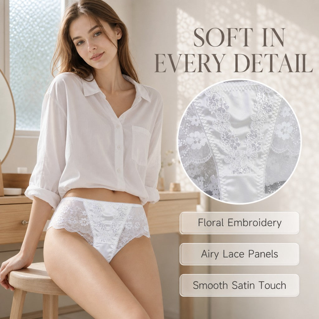 Floral Sequin Embroidery Mesh Lace Satin Splicing Mid-Rise Briefs