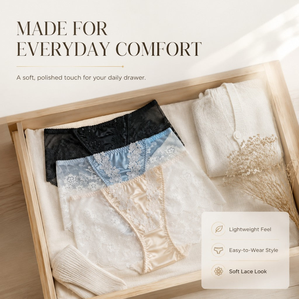 Floral Sequin Embroidery Mesh Lace Satin Splicing Mid-Rise Briefs